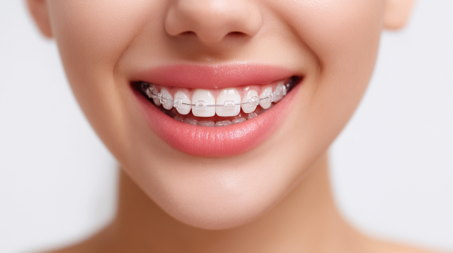 ワイヤー矯正をする女性の口元