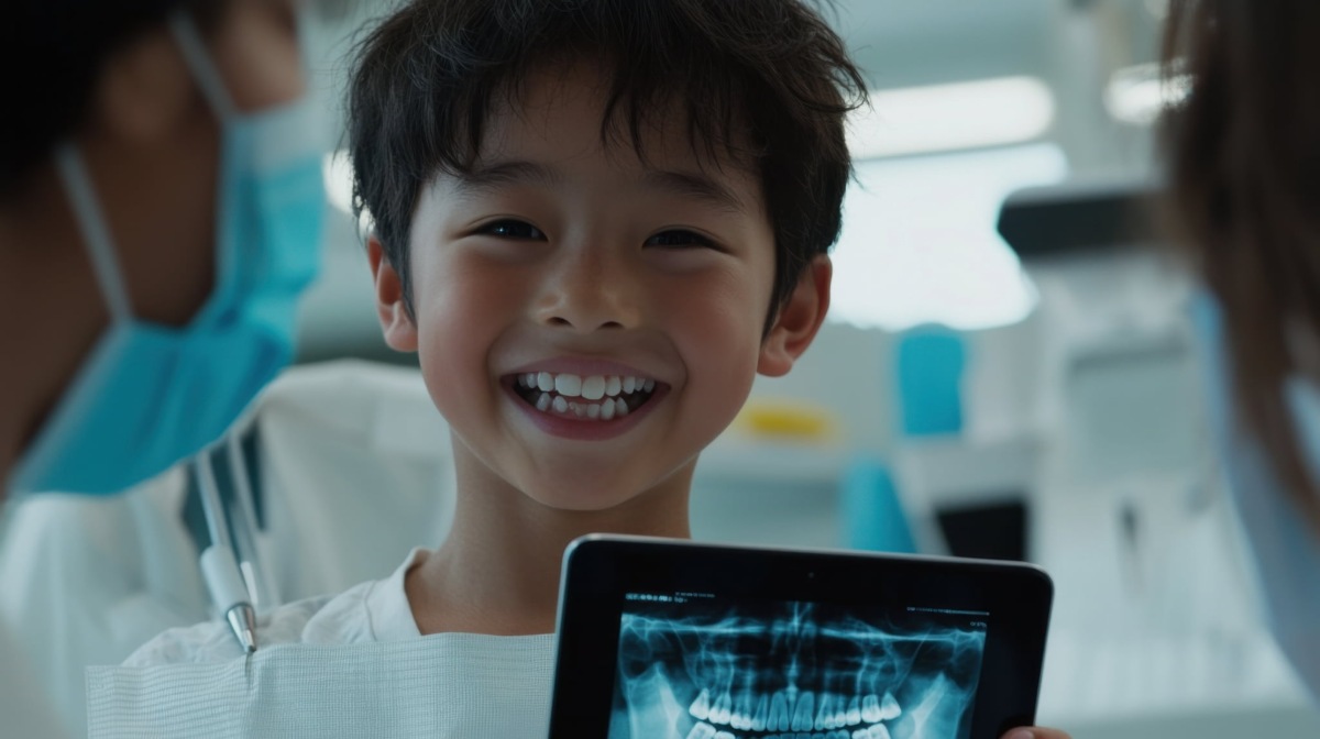 子どもと歯科医とレントゲン画像