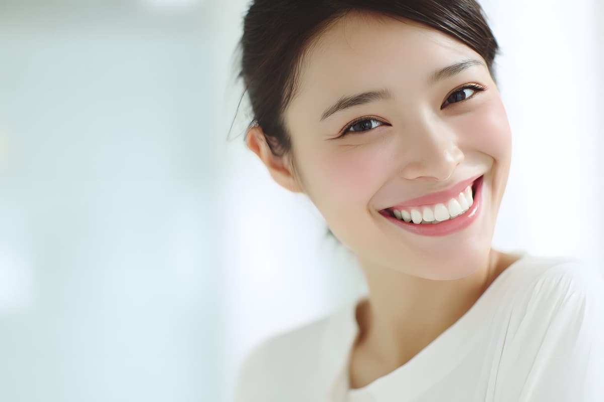 ホワイトニングで歯が白くなり喜ぶ女性